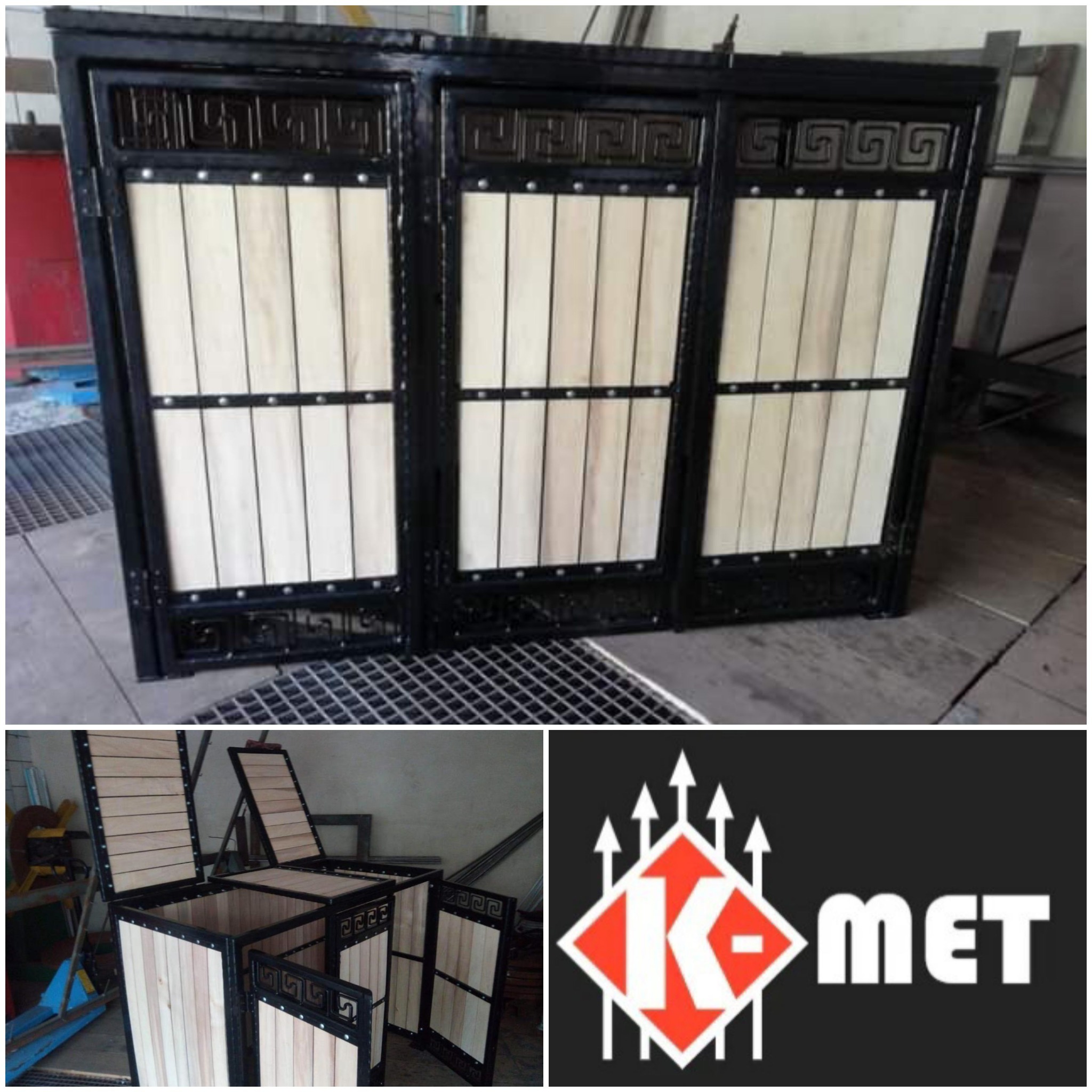 Trzyczęściowa brama wjazdowa z czarną, metalową ramą i jasnymi, drewnianymi panelami, ozdobiona motywem greckim, widoczna w warsztacie.