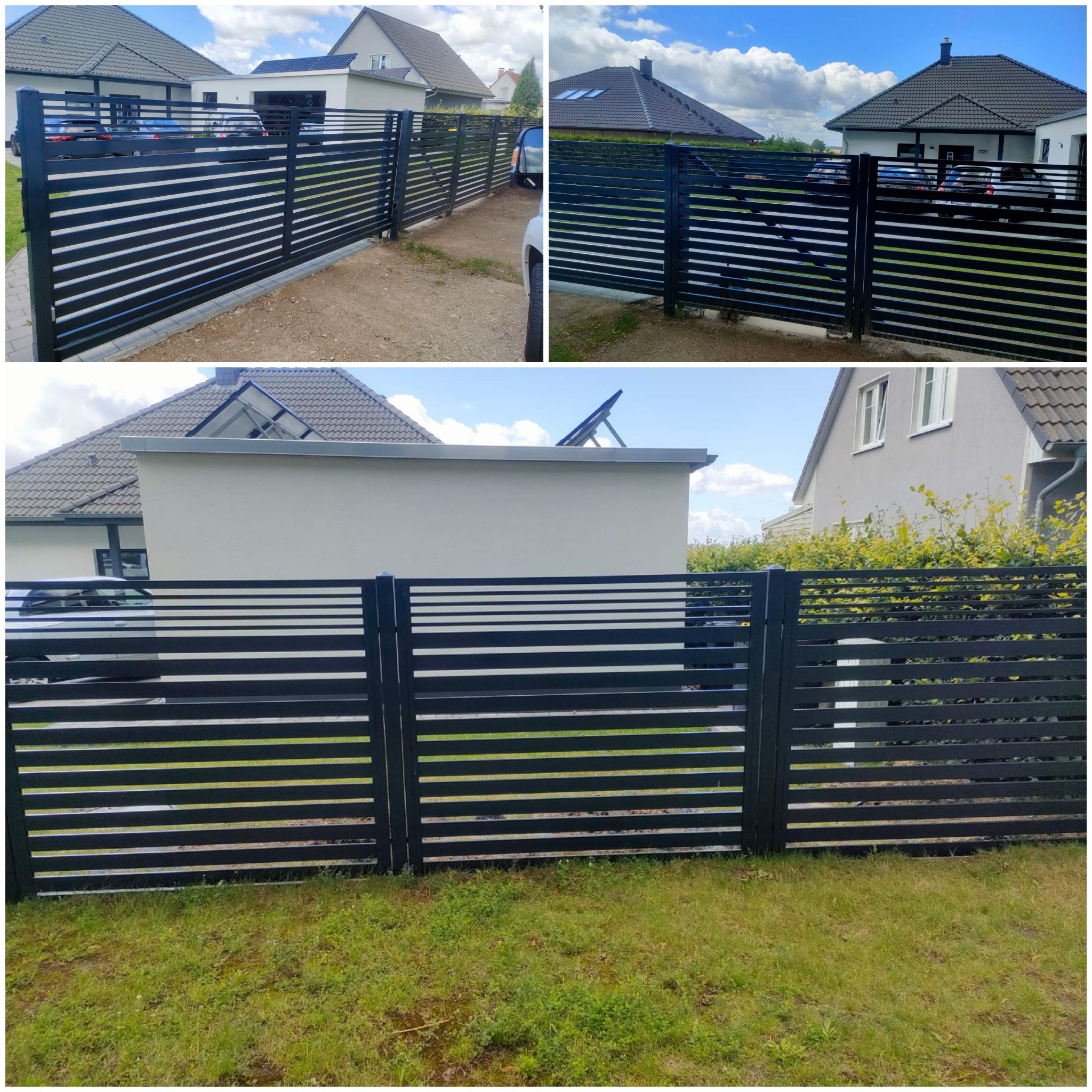 Nowoczesne, poziome, czarne ogrodzenie z metalowych listew przed domem z szarą elewacją i dachem, widoczne samochody w tle.