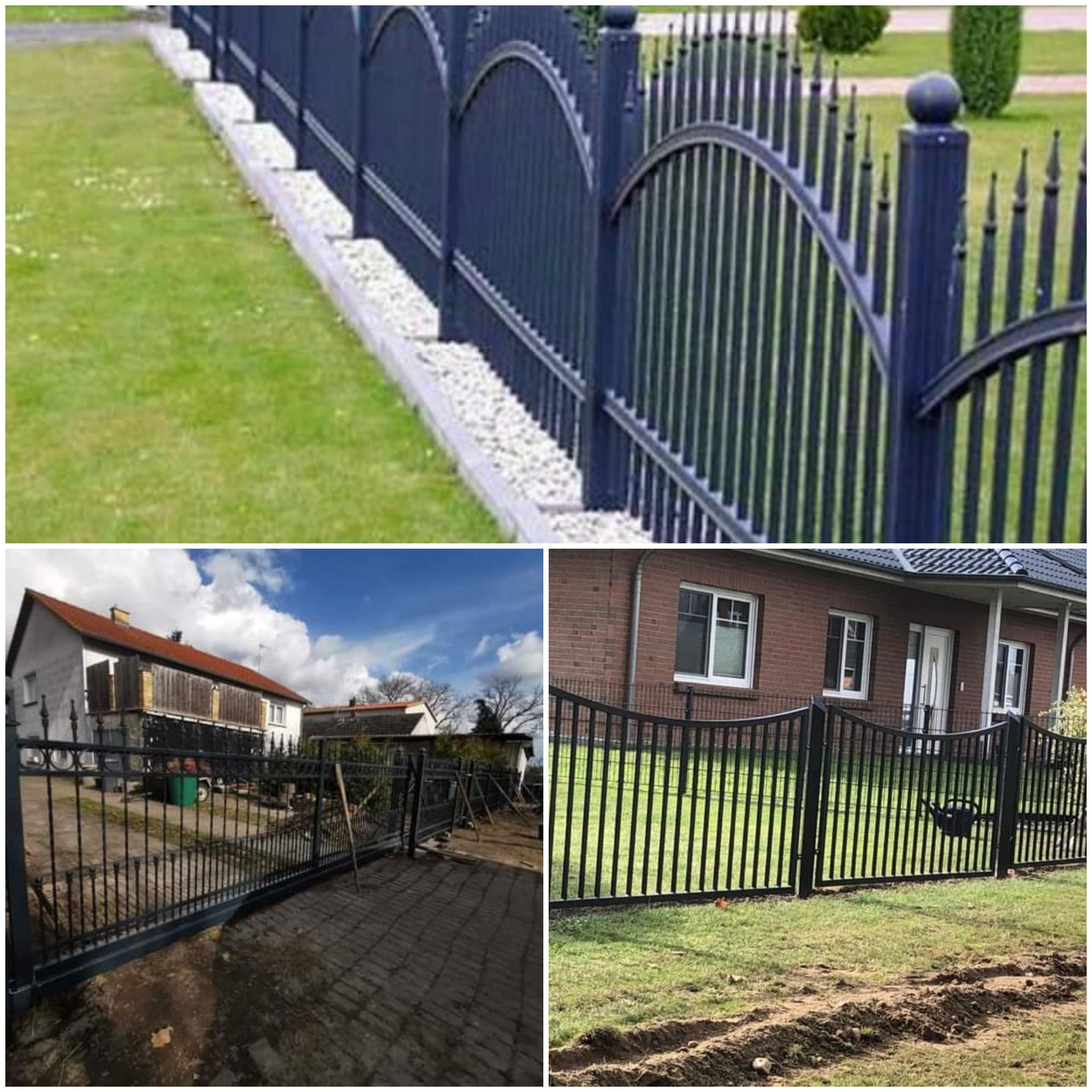 Kute ogrodzenie w kolorze grafitowym z ozdobnymi łukami i kulami na słupkach, oddzielające trawnik od posesji z domem z czerwonej cegły.