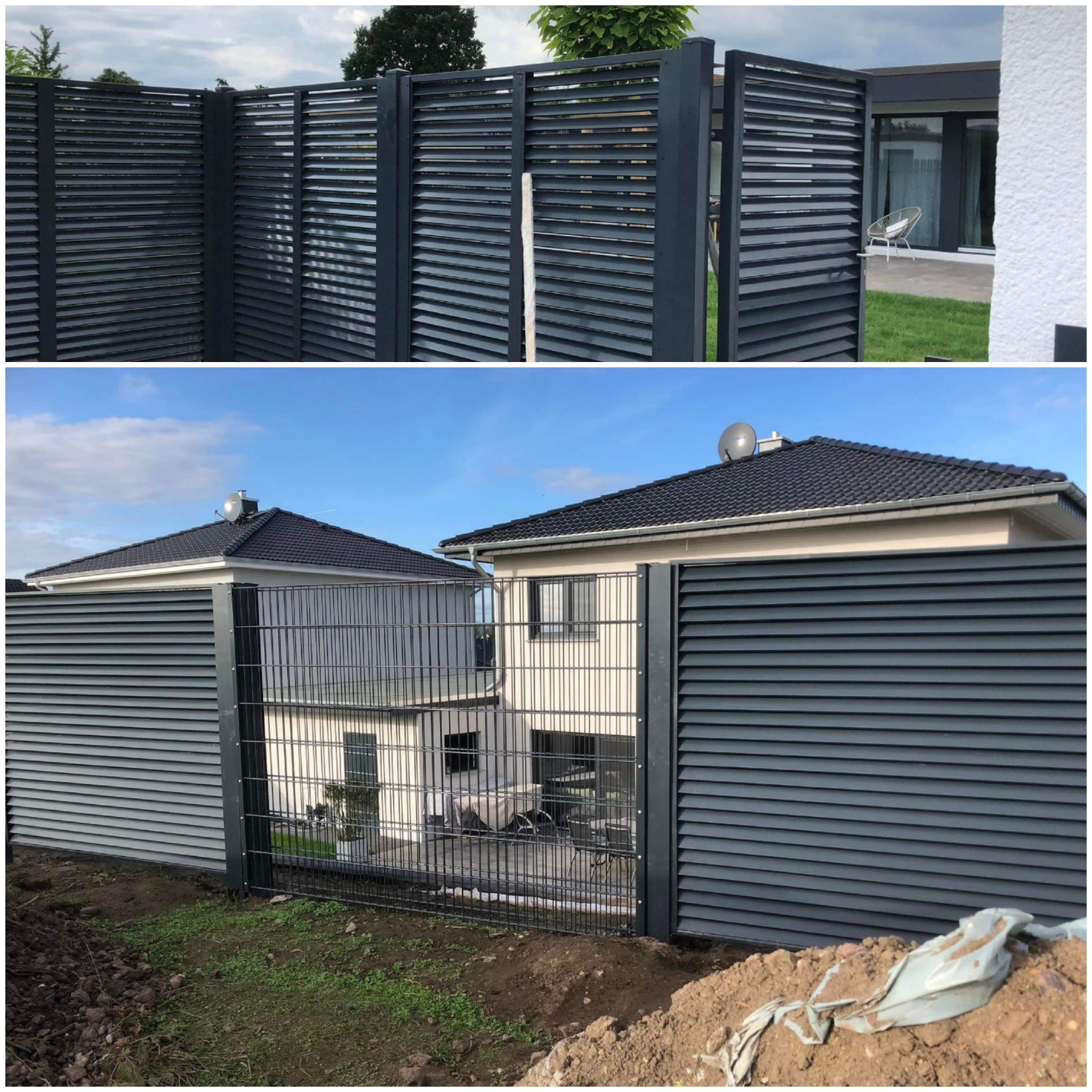 Nowoczesne ogrodzenie posesji z paneli poziomych w kolorze antracytowym oraz siatki zgrzewanej, widok na dwa domy jednorodzinne.