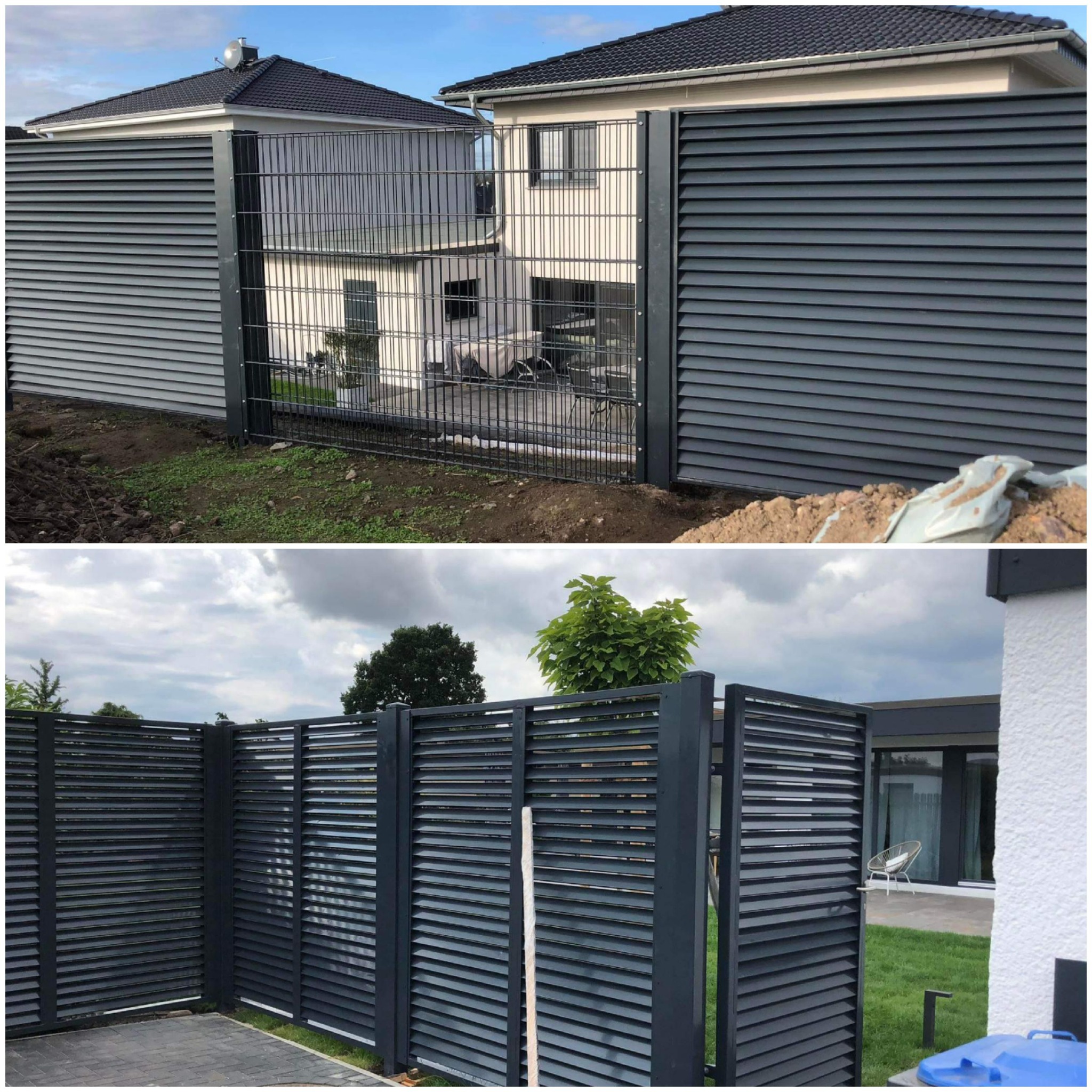 Dwa ujęcia: ogrodzenie z poziomych, szarych listew i metalowa siatka w tle, oraz zbliżenie na szare, poziome listwy ogrodzenia z widocznym fragmentem posesji i niebieskim pojemnikiem na śmieci.