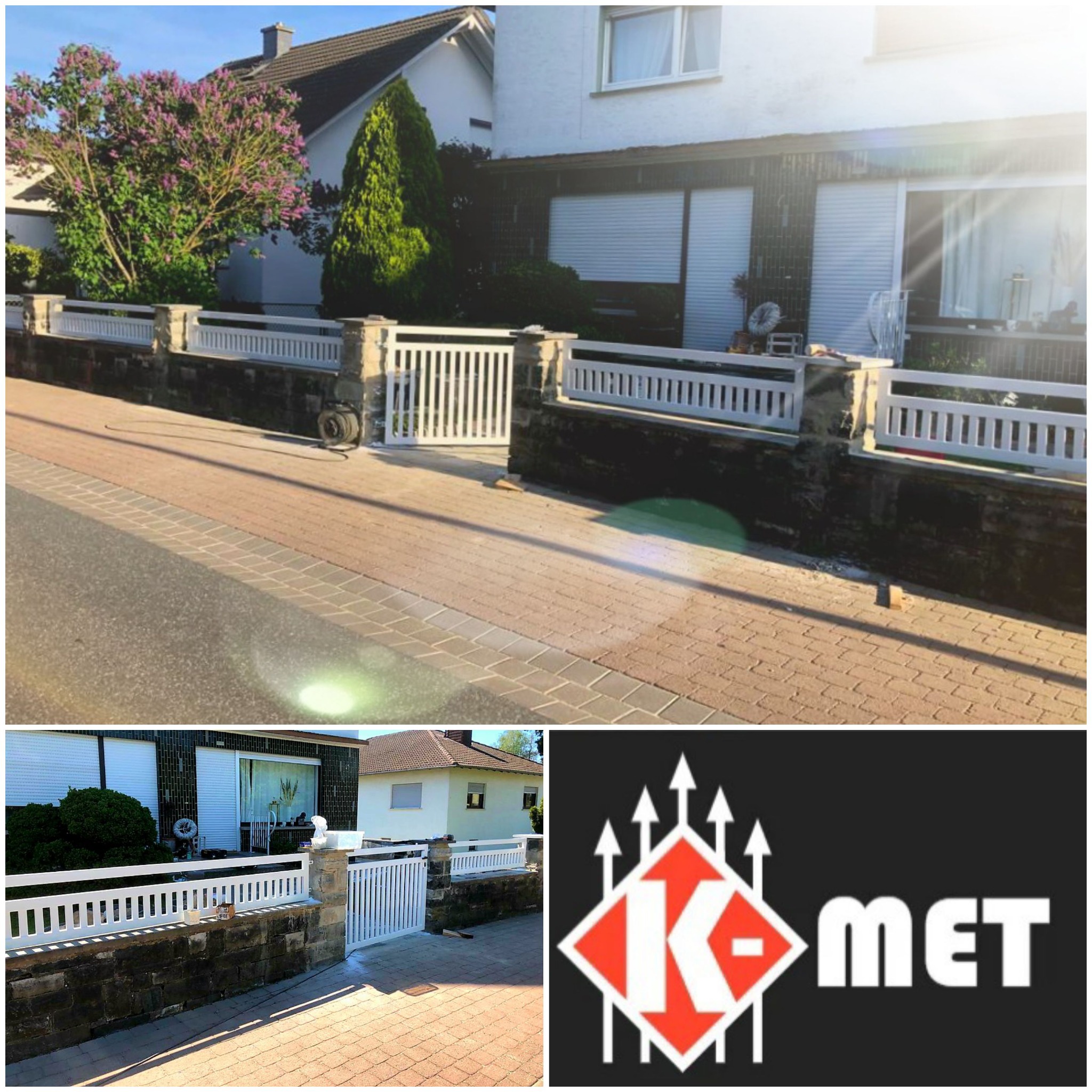 Białe ogrodzenie z przęsłami i bramką, osadzone na kamiennej podmurówce, przed domem z kwitnącym bzem w tle, na drugim planie logo firmy K-MET.