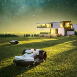 Dwa roboty koszące trawę na tle nowoczesnego domu z widokiem na nocne miasto i gwiaździste niebo.