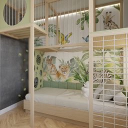NOWA HATA SPÓŁKA Z OGRANICZONĄ ODPOWIEDZIALNOŚCIĄ - Pokój dziecięcy z łóżkiem piętrowym w stylu safari: drewniana konstrukcja, motywy zwierzęce na ścianach i drabinka do wspinaczki. Wyjątkowy design.