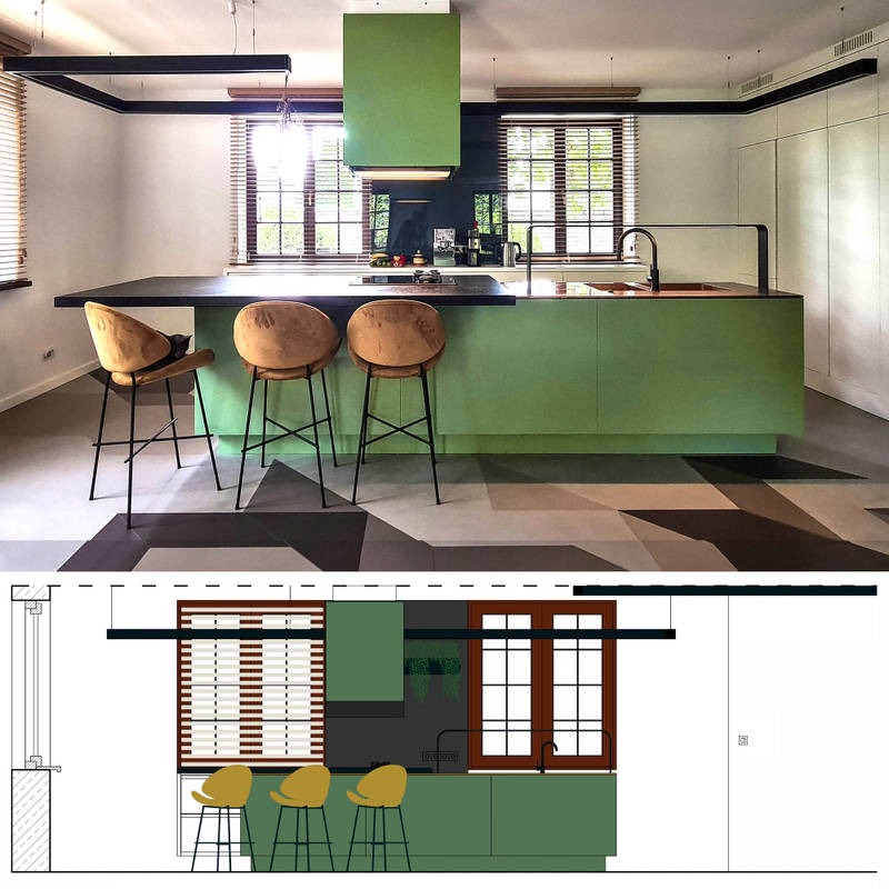 Wizualizacja kuchni z zieloną wyspą i czarnym blatem, uzupełniona o rysunek techniczy z boku, ukazująca detale oświetlenia, okien i układu przestrzennego.