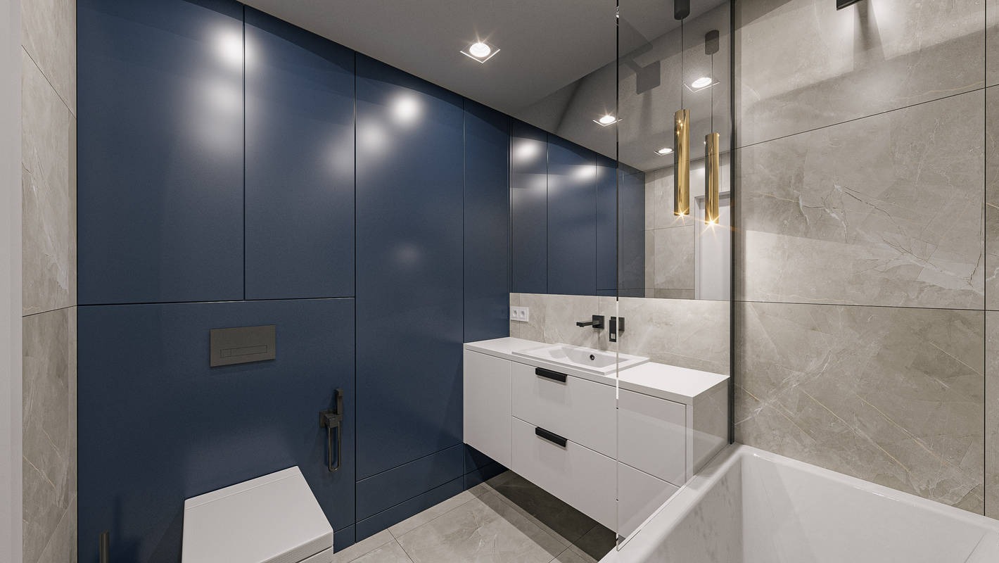 Nowoczesna łazienka z granatową zabudową, białą umywalką i szarą marmurową płytką. Złote lampy wiszące dodają elegancji.