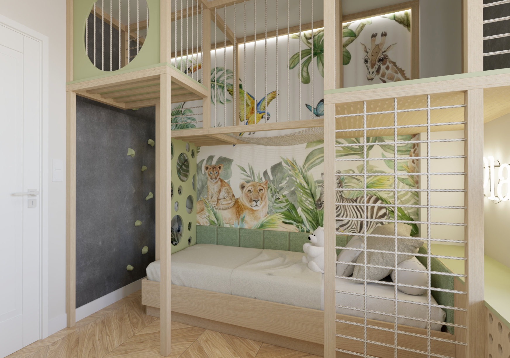 Pokój dziecięcy z łóżkiem piętrowym w stylu safari: drewniana konstrukcja, motywy zwierzęce na ścianach i drabinka do wspinaczki. Wyjątkowy design.