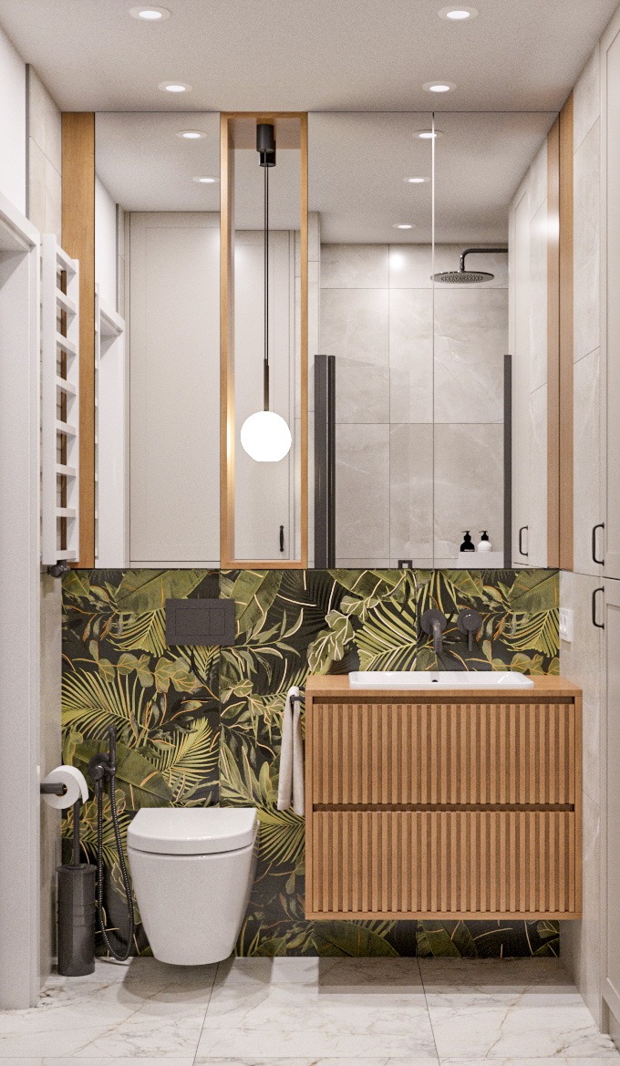 Nowoczesna łazienka w Warszawie z toaletą, umywalką na szafce z lamelami i lustrem. Ściana z motywem roślinnym dodaje wnętrzu unikalnego charakteru.