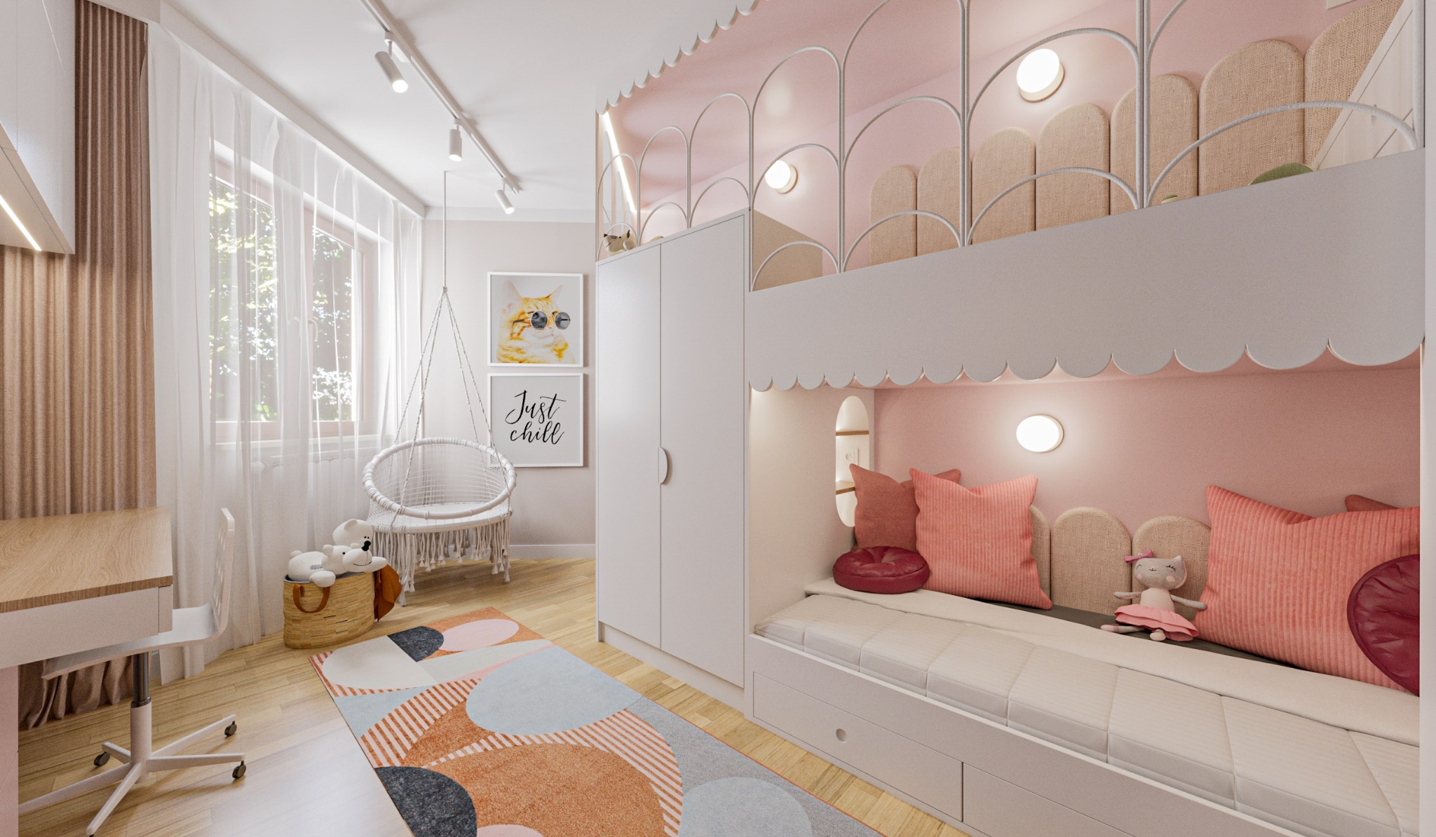 Pokój dziecięcy z łóżkiem piętrowym w pastelowych kolorach, biurkiem i wiszącym fotelem. Na ścianie grafika z kotem w okularach i napis 'Just Chill'.