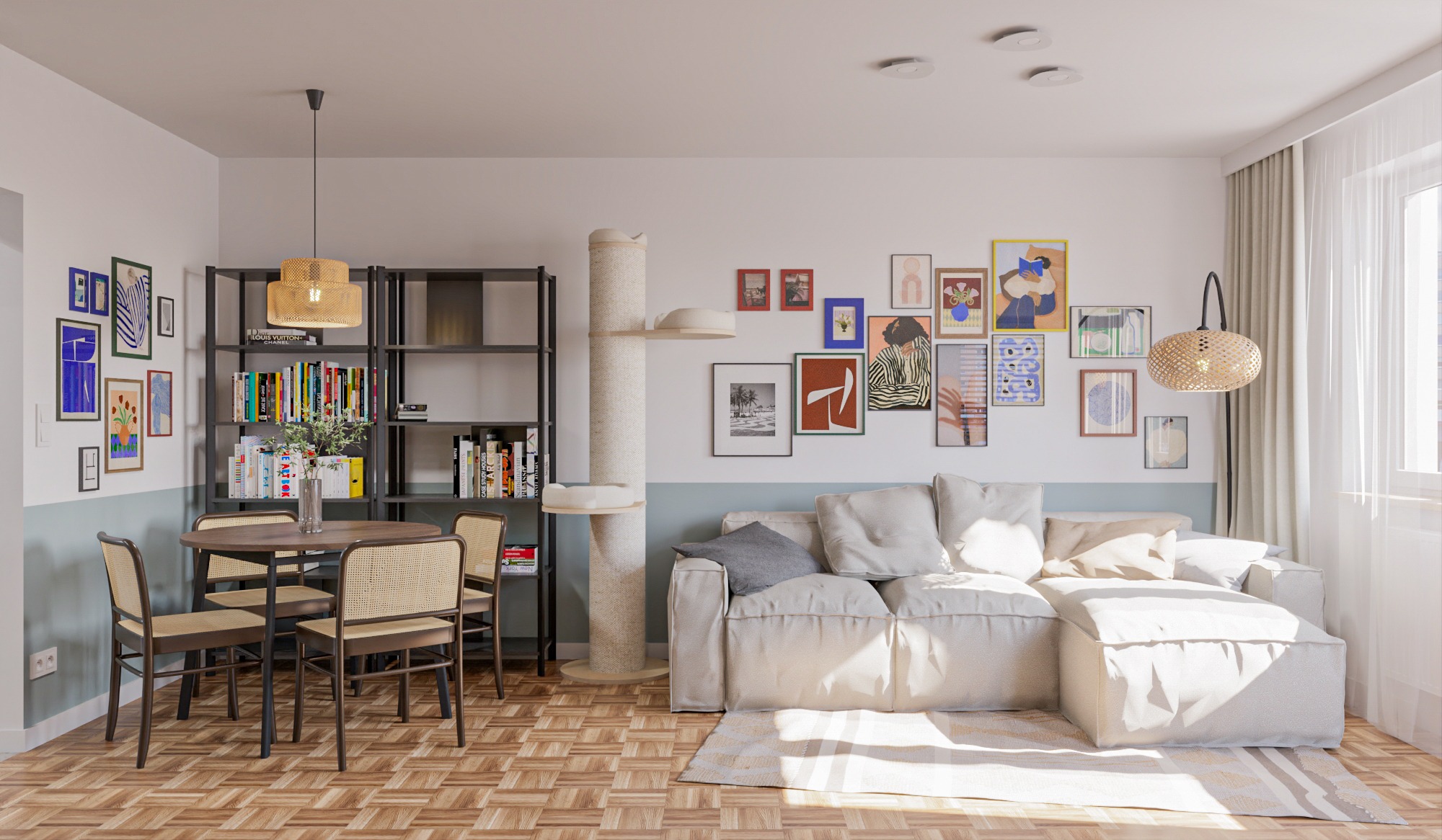 Jasne wnętrze salonu z drewnianą podłogą, sofą modułową, stołem z krzesłami z rattanu i ścianą z galerii obrazów. Widoczny drapak dla kota.