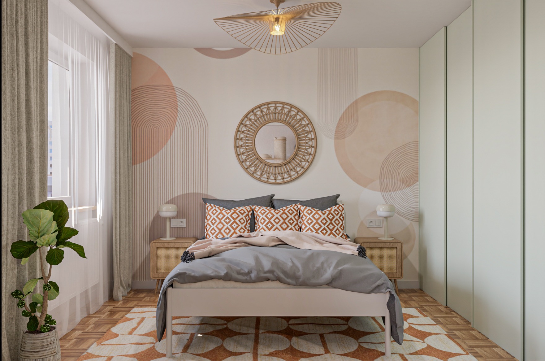 Jasna sypialnia z łóżkiem, szafkami nocnymi i okrągłym lustrem. Na ścianie geometryczne wzory w odcieniach beżu i brązu. Nad łóżkiem dekoracyjna lampa. Minimalistyczny styl.