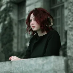 Portret kobiety z rudymi włosami, delikatnym makijażem, tatuażem na czole i ozdobnymi rogami, stojącej na tle kamiennej ściany z oknami.