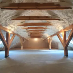 Poddasze po ociepleniu pianką, widoczne drewniane krokwie i izolacja natryskowa, w głębi pomieszczenia widoczne okno dachowe.