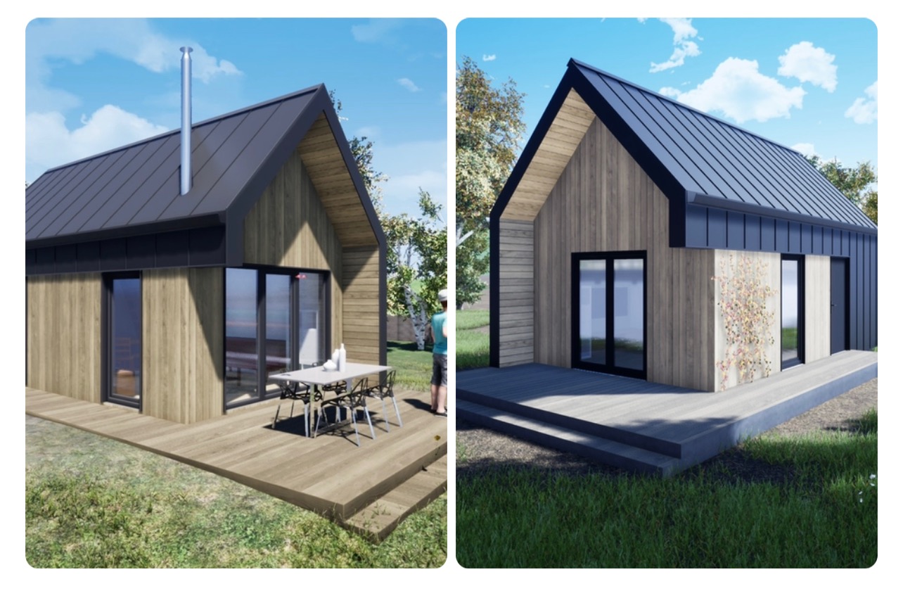 Wizualizacja dwóch wariantów małego domu z drewnianą elewacją i ciemnym dachem, z przylegającym tarasem: jeden z jasnego drewna z białym stolikiem i krzesłami, drugi z ciemnego drewna ze schodami...