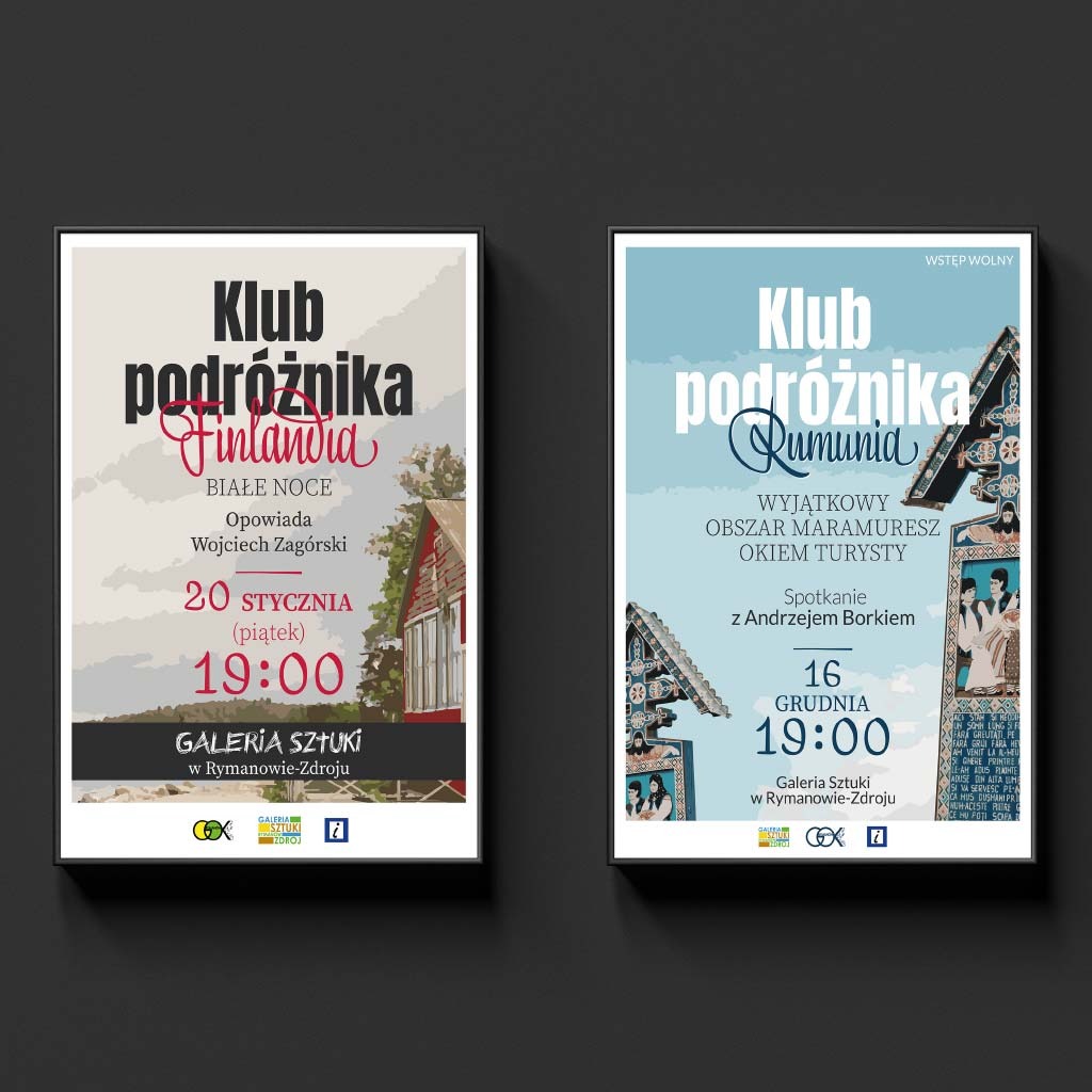 Dwa plakaty w czarnych ramkach promujące spotkania Klubu Podróżnika: jeden poświęcony Finlandii (Białe Noce, 20 stycznia), drugi Rumunii (Obszar Maramuresz, 16 grudnia), oba w Galerii Sztuki...