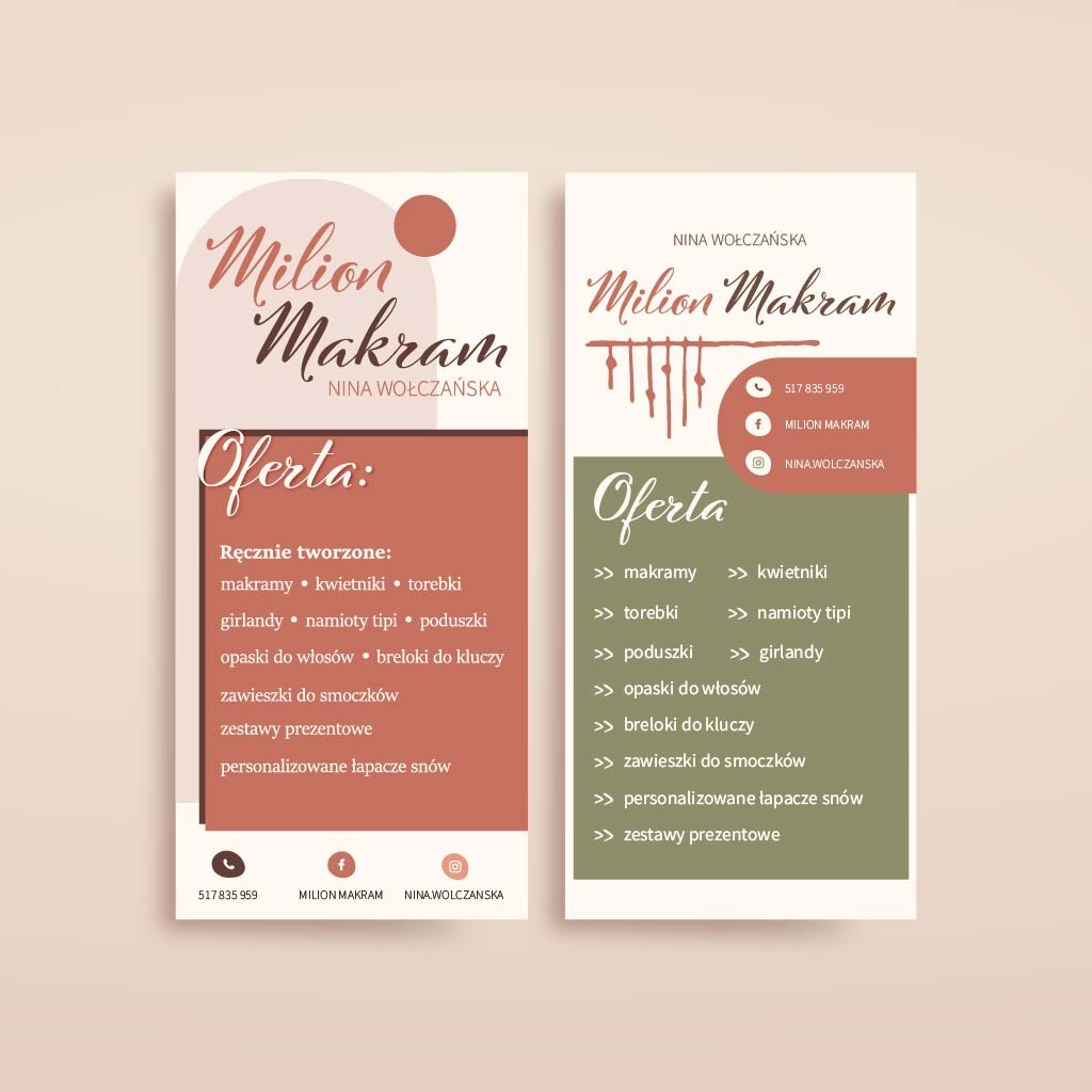Dwa warianty ulotki reklamowej z ofertą ręcznie tworzonych makram, kwietników, torebek, girland, namiotów tipi, poduszek, opasek do włosów, breloków do kluczy, zawieszek do smoczków, zestawów...
