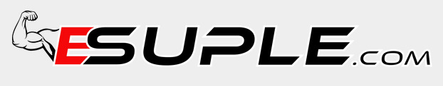 Logo sklepu internetowego z suplementami diety ESUPLE.com, zawierające stylizowaną grafikę muskularnego ramienia po lewej stronie.