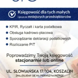 Ulotka reklamowa biura rachunkowego JFC z Koszalina, oferującego księgowość dla małych przedsiębiorstw, KPiR, ryczałt, obsługę kadrowo-płacową, sporządzanie deklaracji i rozliczanie PIT, z adresem...