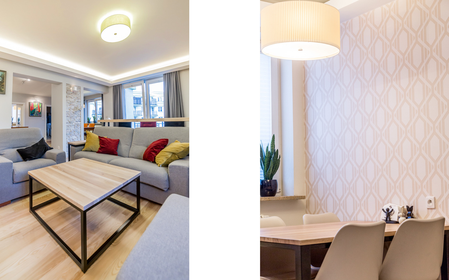 Jasny salon z szarą sofą, drewnianym stolikiem kawowym z metalową ramą, i jadalnią z geometryczną tapetą, oświetlony lampą z abażurem.