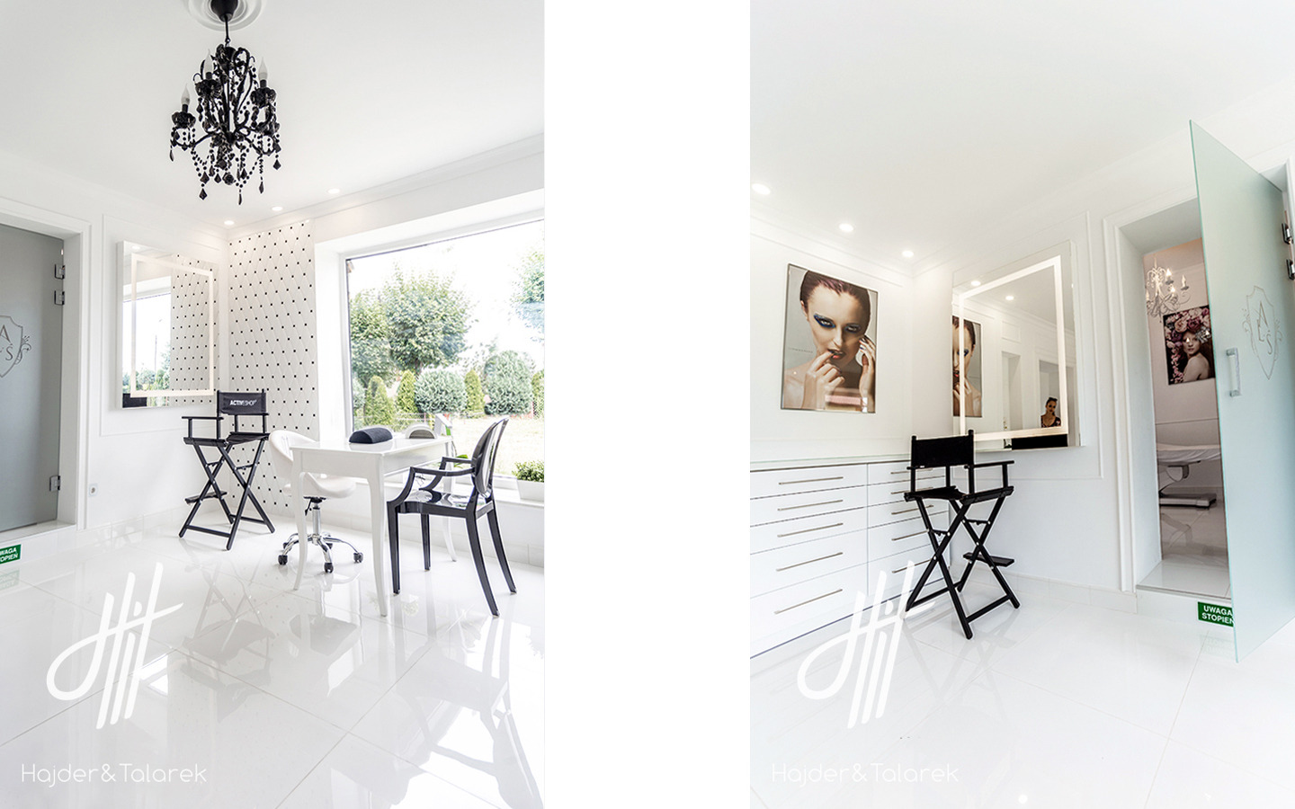 Jasne wnętrze salonu urody z krzesłem reżyserskim, białym stołem do manicure i dekoracyjnym oświetleniem, widok na ogród przez duże okno, minimalistyczny design.