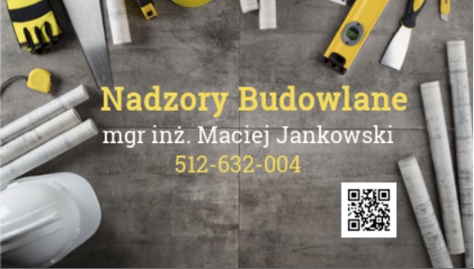Wizytówka firmy z Katowic oferującej nadzory budowlane, obok której leżą zwinięte plany, poziomica, kask i miara zwijana.