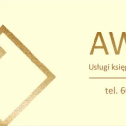 Logo firmy AWTax świadczącej usługi księgowe, z numerem telefonu i złotymi geometrycznymi wzorami na kremowym tle.