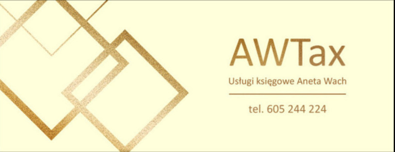 Logo firmy AWTax świadczącej usługi księgowe, z numerem telefonu i złotymi geometrycznymi wzorami na kremowym tle.