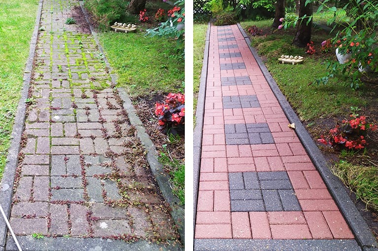 Porównanie stanu ścieżki z kostki brukowej przed i po czyszczeniu: zaniedbana, porośnięta mchem i chwastami po lewej, a odnowiona, z wyraźnym wzorem czerwono-szarych kostek po prawej stronie.