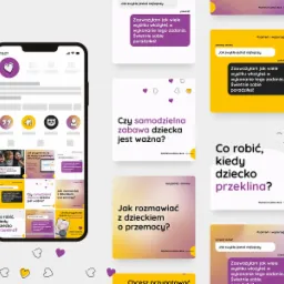 Ekran smartfona prezentujący profil na Instagramie z postami dotyczącymi psychologii dziecięcej i rodzicielstwa, w pastelowych kolorach i z serduszkami.