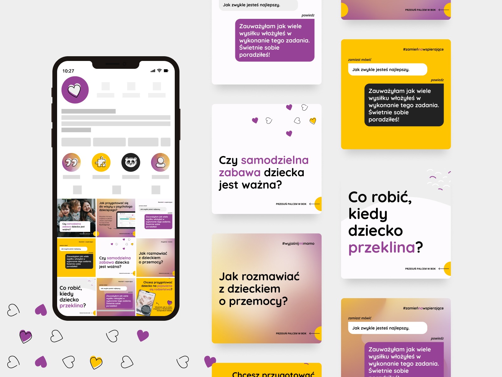 Ekran smartfona prezentujący profil na Instagramie z postami dotyczącymi psychologii dziecięcej i rodzicielstwa, w pastelowych kolorach i z serduszkami.