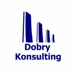 Niebieskie logo firmy konsultingowej z abstrakcyjnym symbolem budynków o różnej wysokości i napisem 'Dobry Konsulting' na białym tle.
