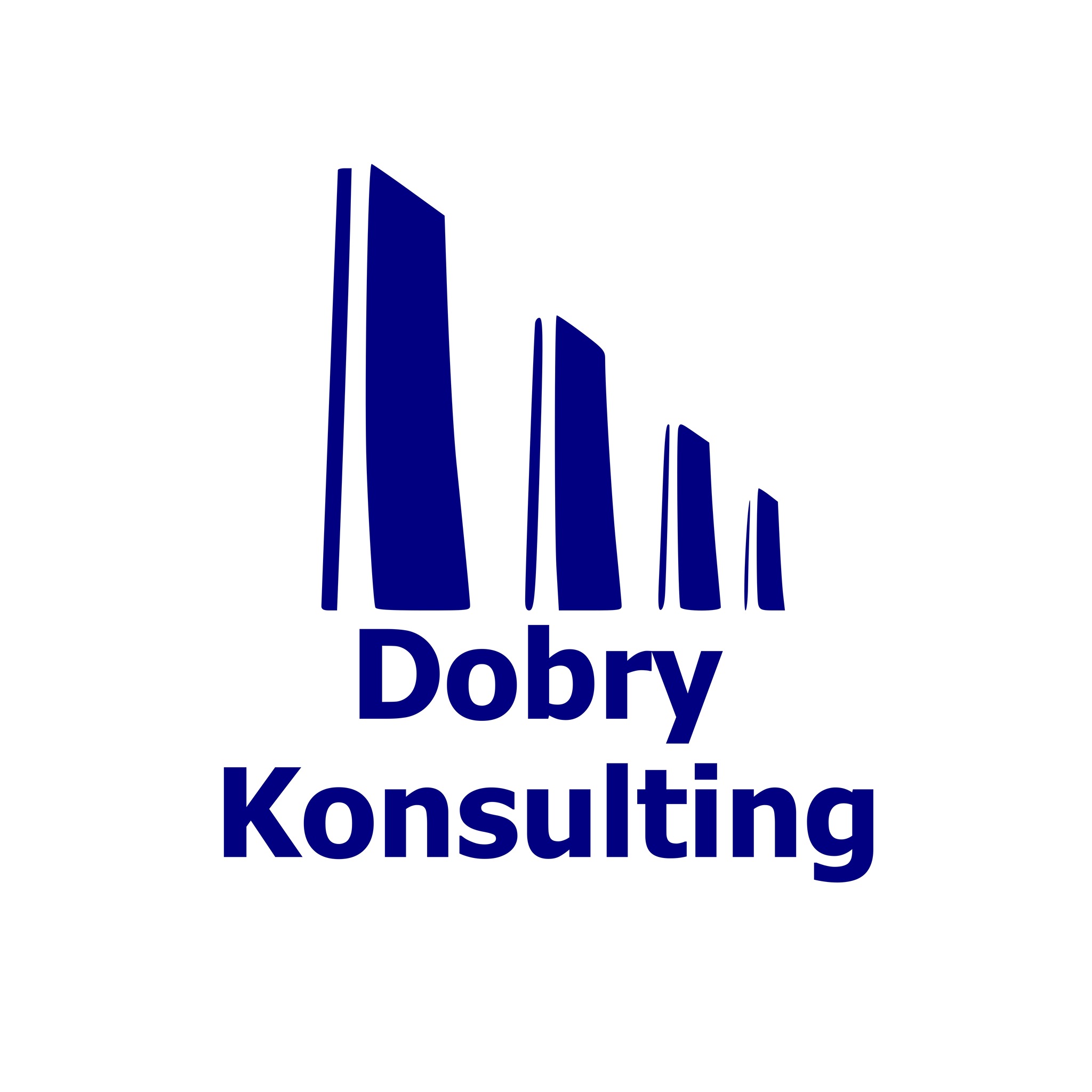 Niebieskie logo firmy konsultingowej z abstrakcyjnym symbolem budynków o różnej wysokości i napisem 'Dobry Konsulting' na białym tle.