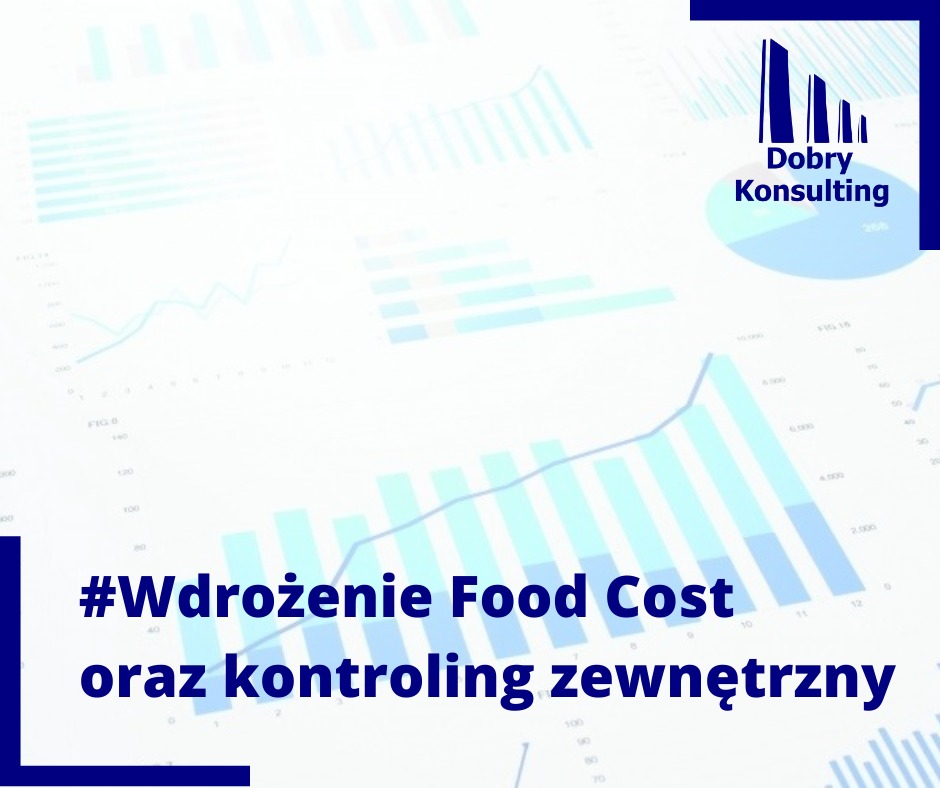 Wizualizacja danych w formie wykresów i diagramów, z tekstem '#Wdrożenie Food Cost oraz kontroling zewnętrzny' na białym tle, w tle logo firmy konsultingowej z Katowic.