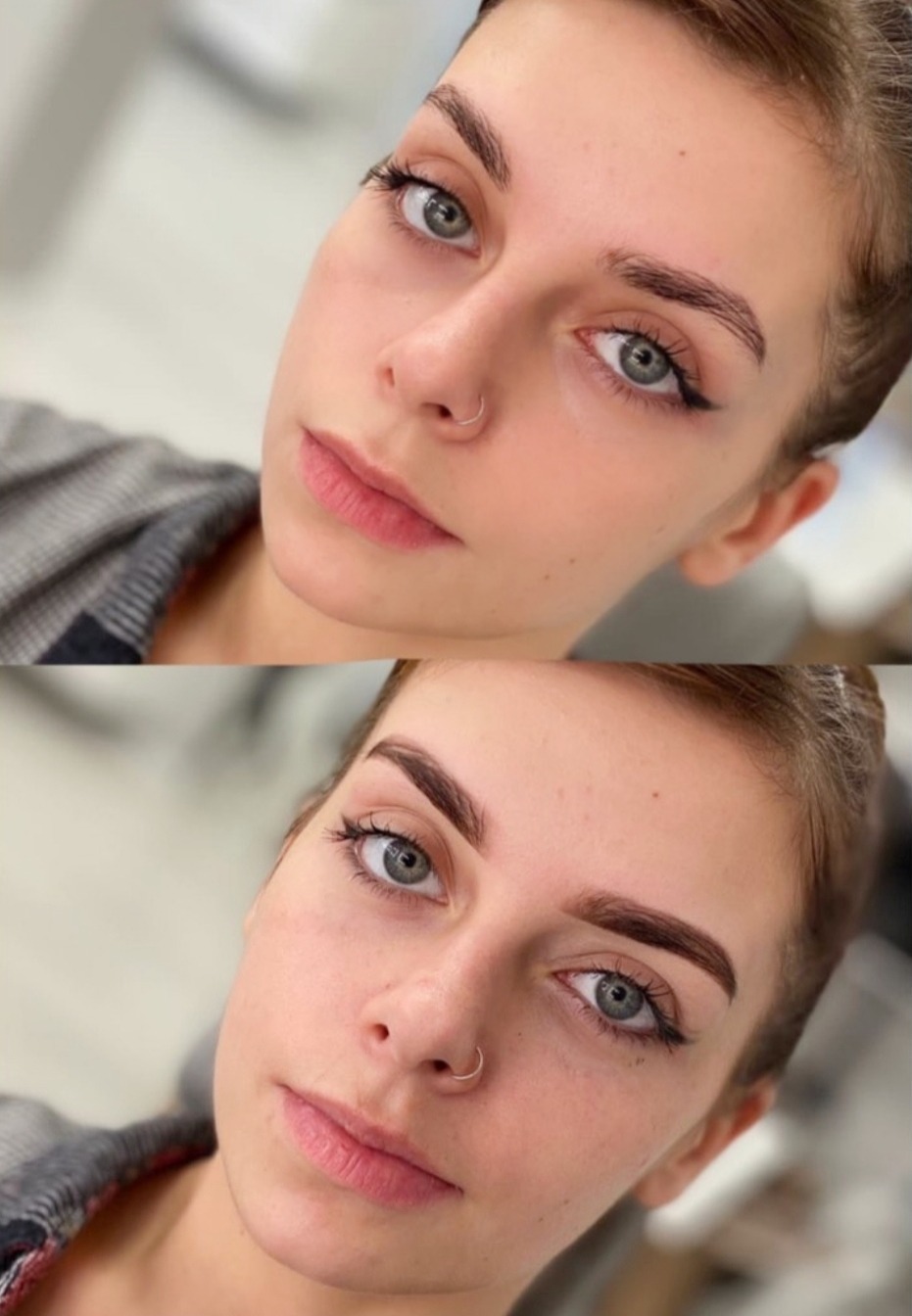 Portret kobiety z delikatnym makijażem permanentnym brwi i subtelną kreską na powiece, prezentujący efekt zabiegu kosmetycznego z bliska.