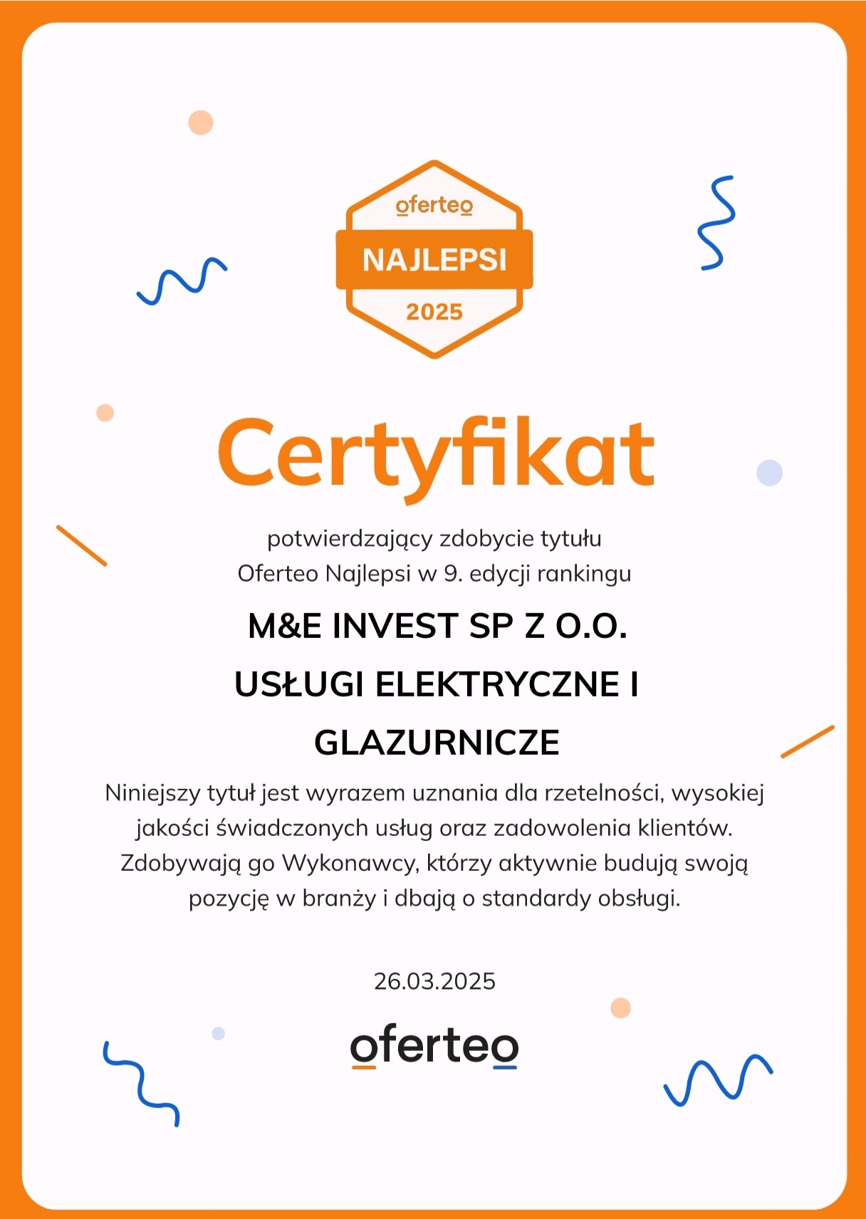 Certyfikat Oferteo Najlepsi 2025 dla firmy M&E Invest Sp. z o.o. za usługi elektryczne i glazurnicze, potwierdzający wysoką jakość i zadowolenie klientów.