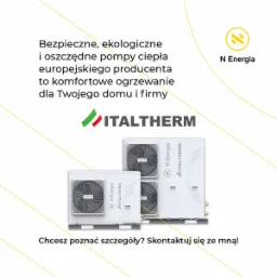 Grafika reklamowa przedstawiająca białe pompy ciepła marki Italtherm i N Energia na białym tle z żółtymi liniami dekoracyjnymi.