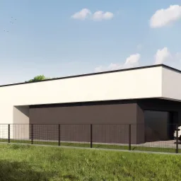Wizualizacja nowoczesnego, parterowego domu z płaskim dachem, garażem i samochodem zaparkowanym przed nim, widzianego zza metalowego ogrodzenia.