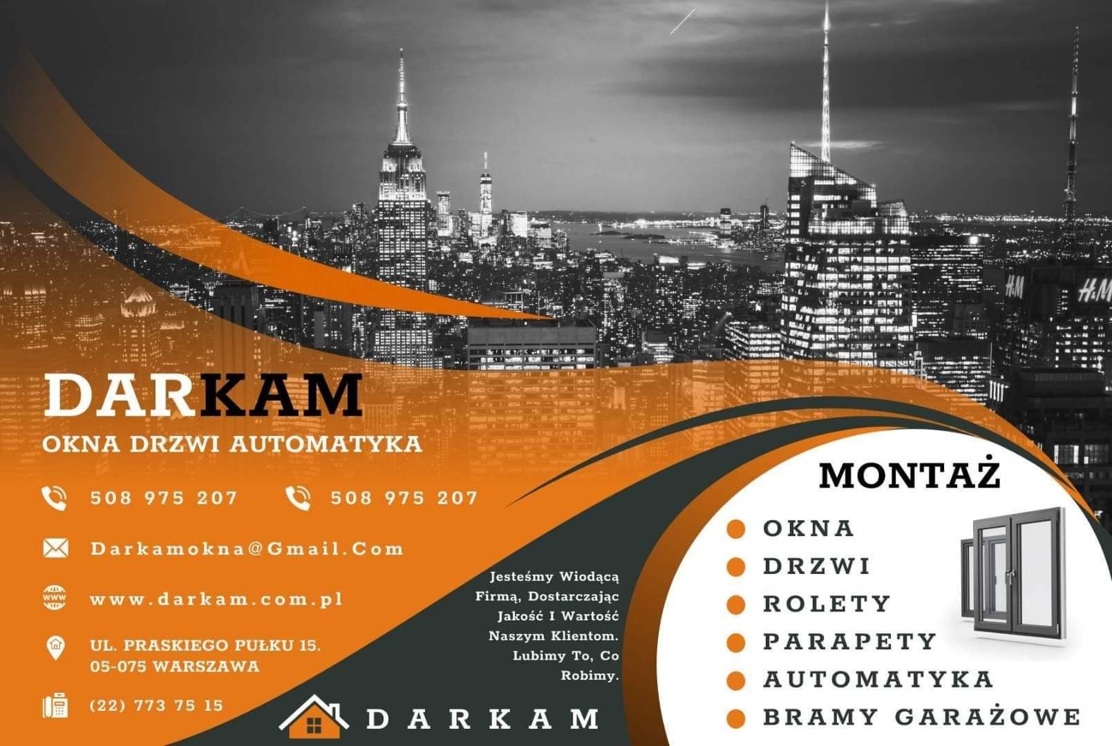 Reklama firmy Darkam oferującej okna, drzwi, rolety, parapety, automatykę i bramy garażowe na tle panoramy Nowego Jorku.