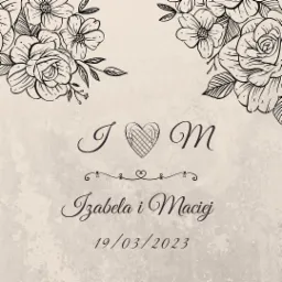 Elegancka grafika ślubna z imionami Izabela i Maciej oraz datą 19.03.2023, ozdobiona motywem kwiatowym w czerni na beżowym tle.