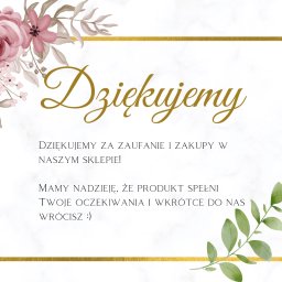 Pani Ulotka - Elegancka kartka z podziękowaniem za zakupy w sklepie, zdobiona akwarelowymi kwiatami i złotą ramką na marmurkowym tle.