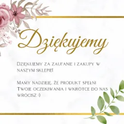 Elegancka kartka z podziękowaniem za zakupy w sklepie, zdobiona akwarelowymi kwiatami i złotą ramką na marmurkowym tle.