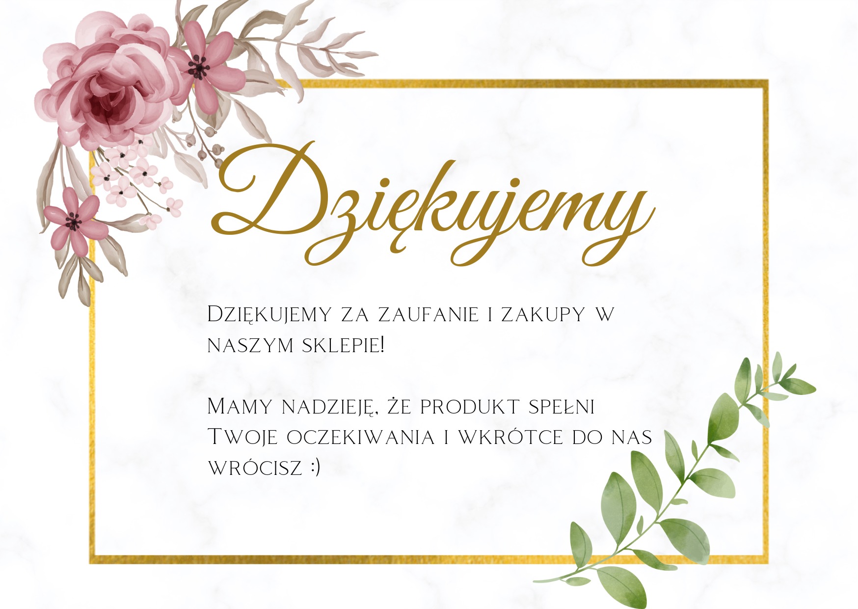 Elegancka kartka z podziękowaniem za zakupy w sklepie, zdobiona akwarelowymi kwiatami i złotą ramką na marmurkowym tle.