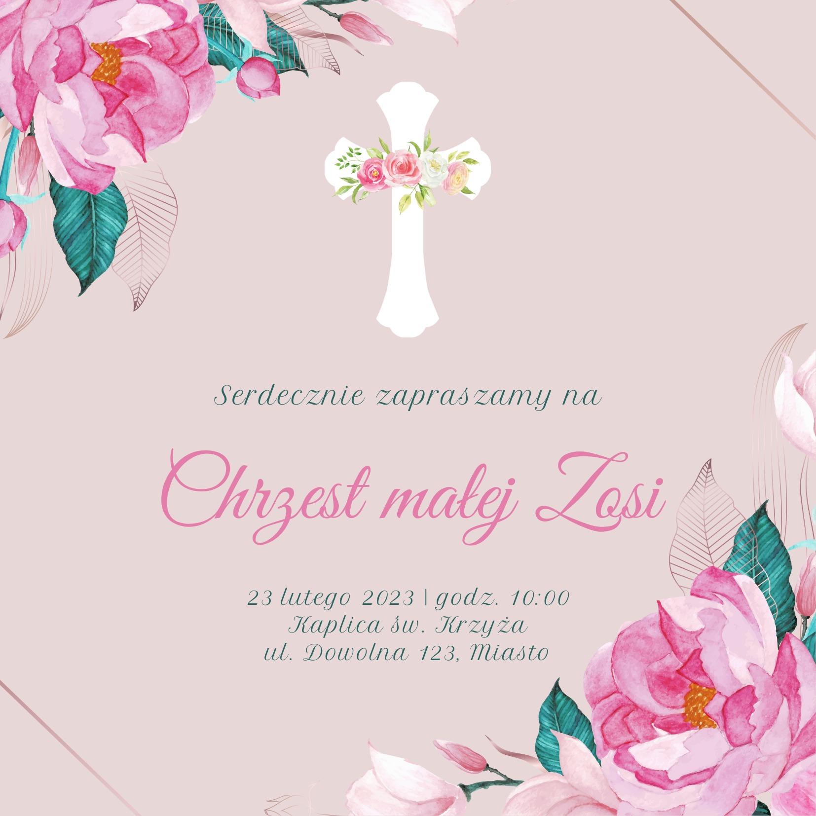 Elegancka, pastelowa zaproszenie na chrzest z motywem kwiatowym i krzyżem z róż
