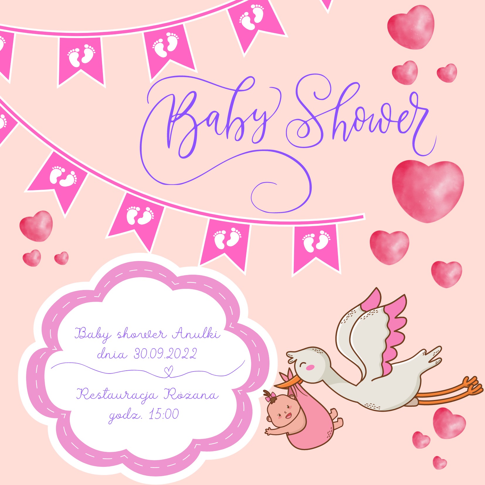 Ilustracja zaproszenia na Baby Shower z bocianem niosącym dziecko, różowymi sercami i girlandą z odciskami stóp na jasnoróżowym tle.