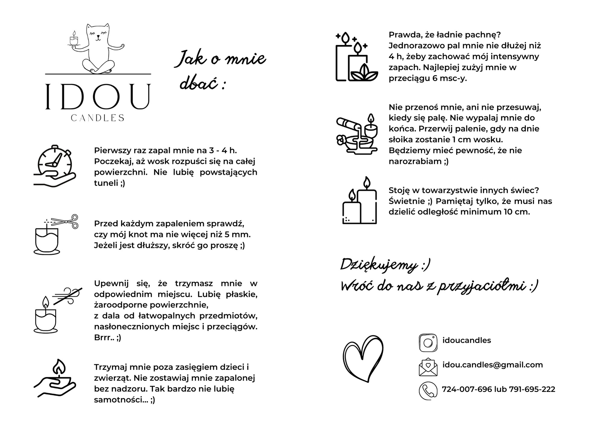Grafika z instrukcjami dotyczącymi pielęgnacji świec marki IDOU CANDLES, prezentująca ikony i teksty informujące o prawidłowym użytkowaniu świec, w tym o czasie palenia, skracaniu knota...