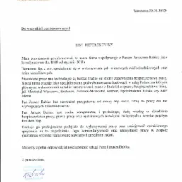 Skan listu referencyjnego firmy Terramost Sp. z o.o. z Warszawy, datowany na 30.01.2012, polecający usługi koordynatora ds. BHP, Janusza Babicza, z podpisem Dyrektora Generalnego Marka Trębickiego.