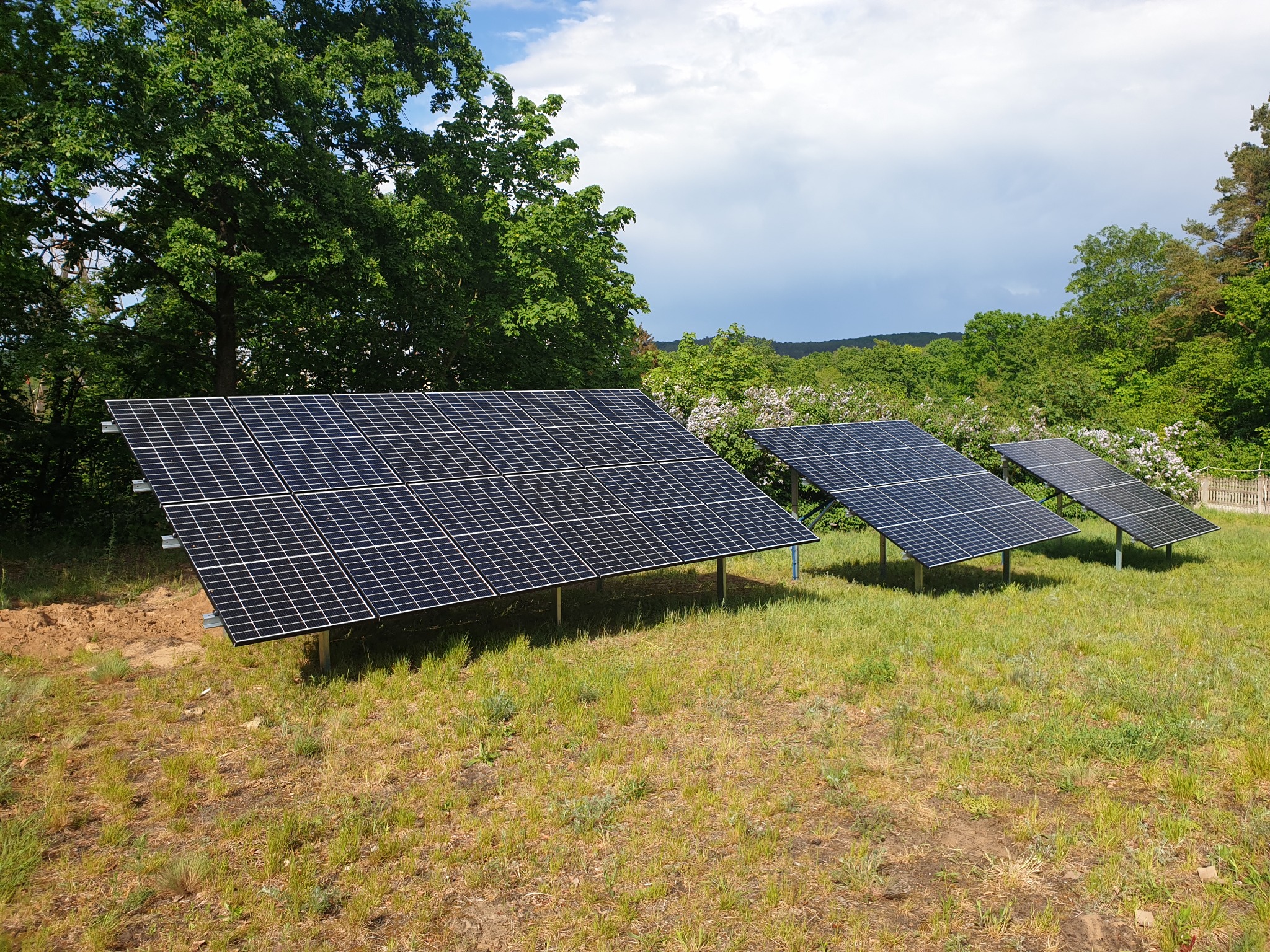 Trzy panele słoneczne ustawione w rzędzie na trawiastym terenie, z lasem i błękitnym niebem w tle.