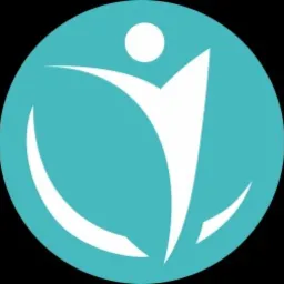 Stylizowana, biała sylwetka człowieka w ruchu, otoczona dwiema białymi liniami, umieszczona w turkusowym okręgu. Grafika przypomina logo.