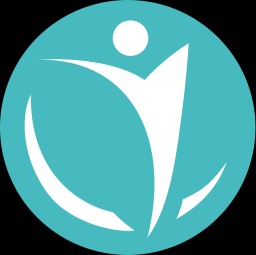 Stylizowana, biała sylwetka człowieka w ruchu, otoczona dwiema białymi liniami, umieszczona w turkusowym okręgu. Grafika przypomina logo.