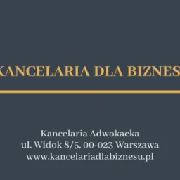 Grafika z tekstem 'Kancelaria dla biznesu', adresem i stroną internetową Kancelarii Adwokackiej w Warszawie, na ciemnoszarym tle z poziomą, złotą linią.